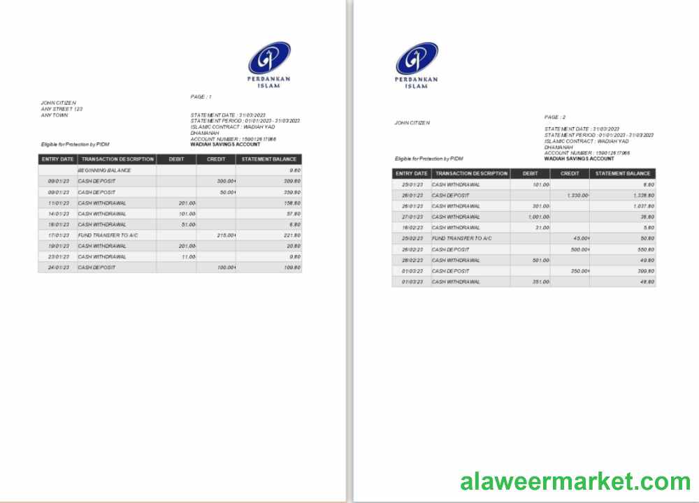 Malaysia Perbankan Islam bank statement Word and PDF tmplate 1 scr